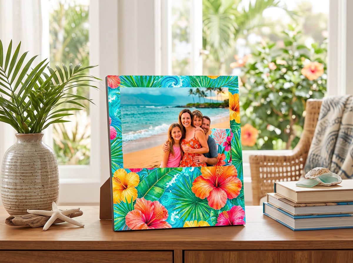 Hibiscus bamboo photo frame with a 5x7 family beach photo on a tropical sideboard — lifestyle view | Beach Hut Decor