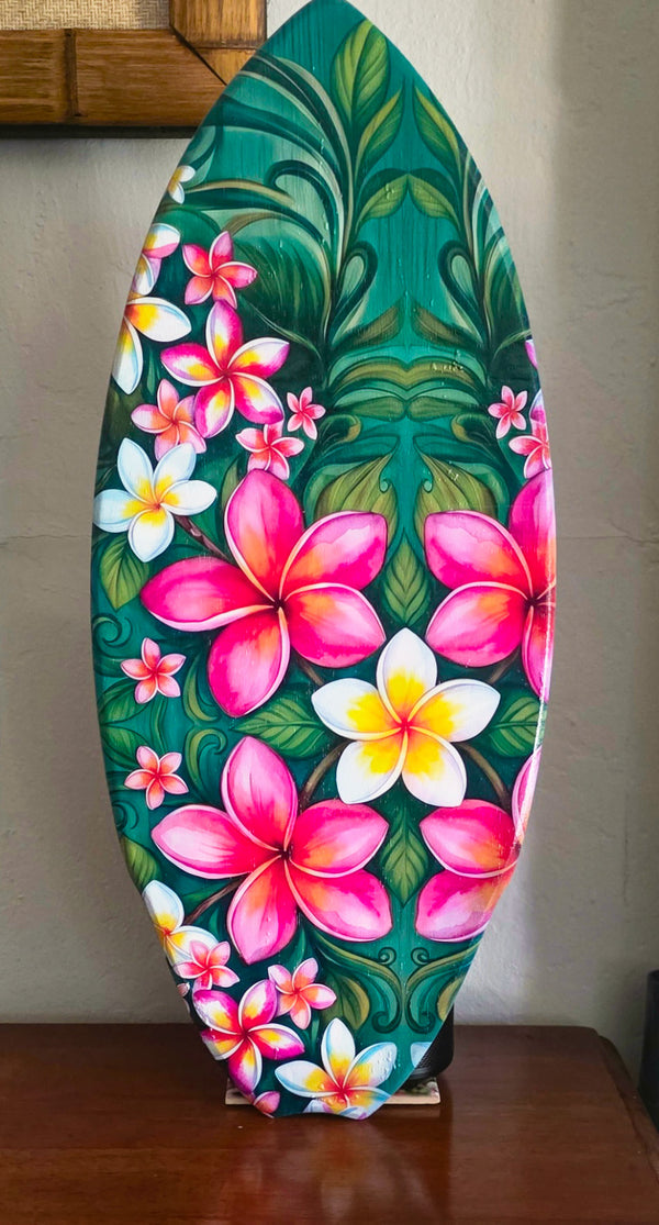 Handmade plumeria surfboard wall art by Beach Hut Decor
