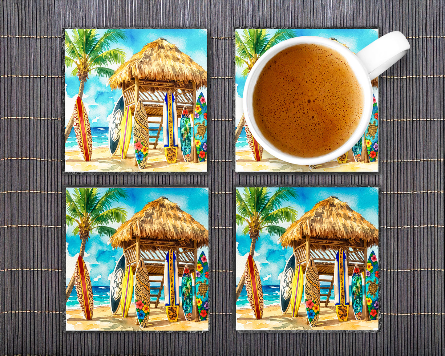 Surf Shack Slate Coasters – Round or Square | Tropical Tiki Bar Decor