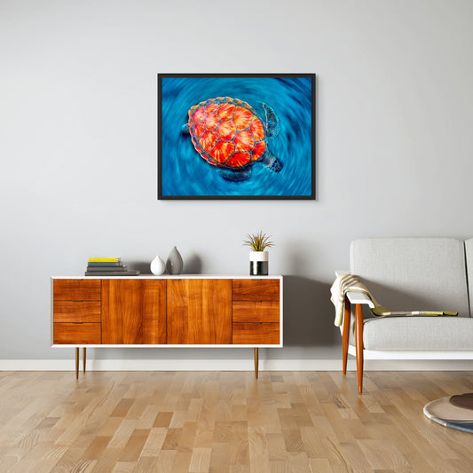 A vibrant honu (Hawaiian sea turtle) gliding through tropical island waters, a cherished symbol of good luck styled as coastal wall art for the home | Beach Hut Decor