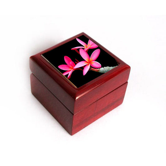 Hawaiian engagement ring box in red wood with pink plumeria artwork | Beach Hut Decor