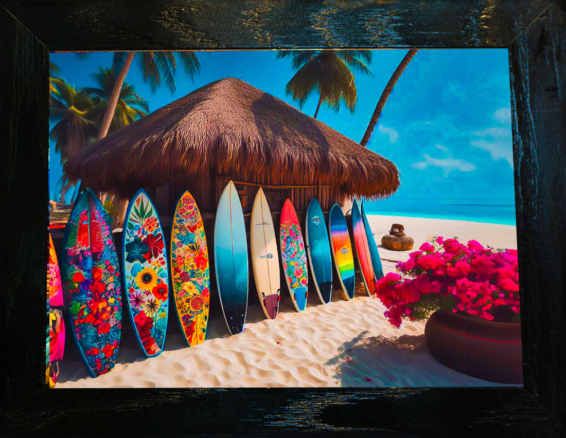 Colorful tropical surfboard and tiki hut wall art that brings the beach indoors | Beach Hut Decor