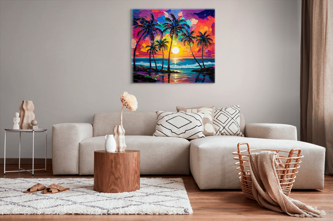 Colorful palm-tree sunset wall art above a cream sofa, with a wooden coffee table and woven basket.