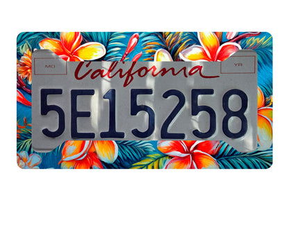 Orange & Red Plumeria License Plate Frame – Tropical Hawaiian Floral Car Acc. image 1