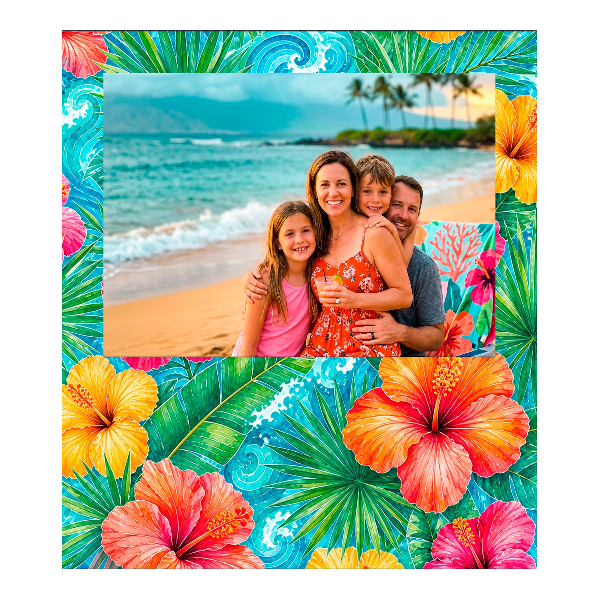 Hibiscus bamboo photo frame with a sample family vacation photo
