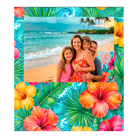 Hibiscus bamboo photo frame with a sample family vacation photo