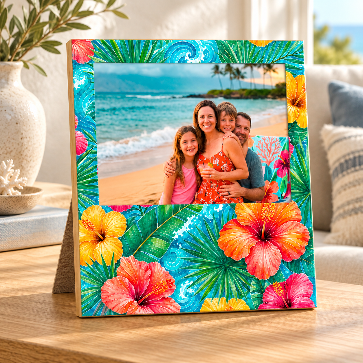Illustrative lifestyle mockup of the hibiscus bamboo frame on a coastal home table