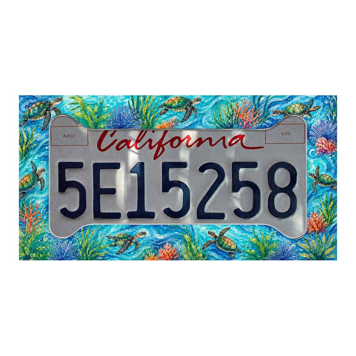 Illustrative mockup of the sea turtle and coral frame over a California license plate; plate not included.