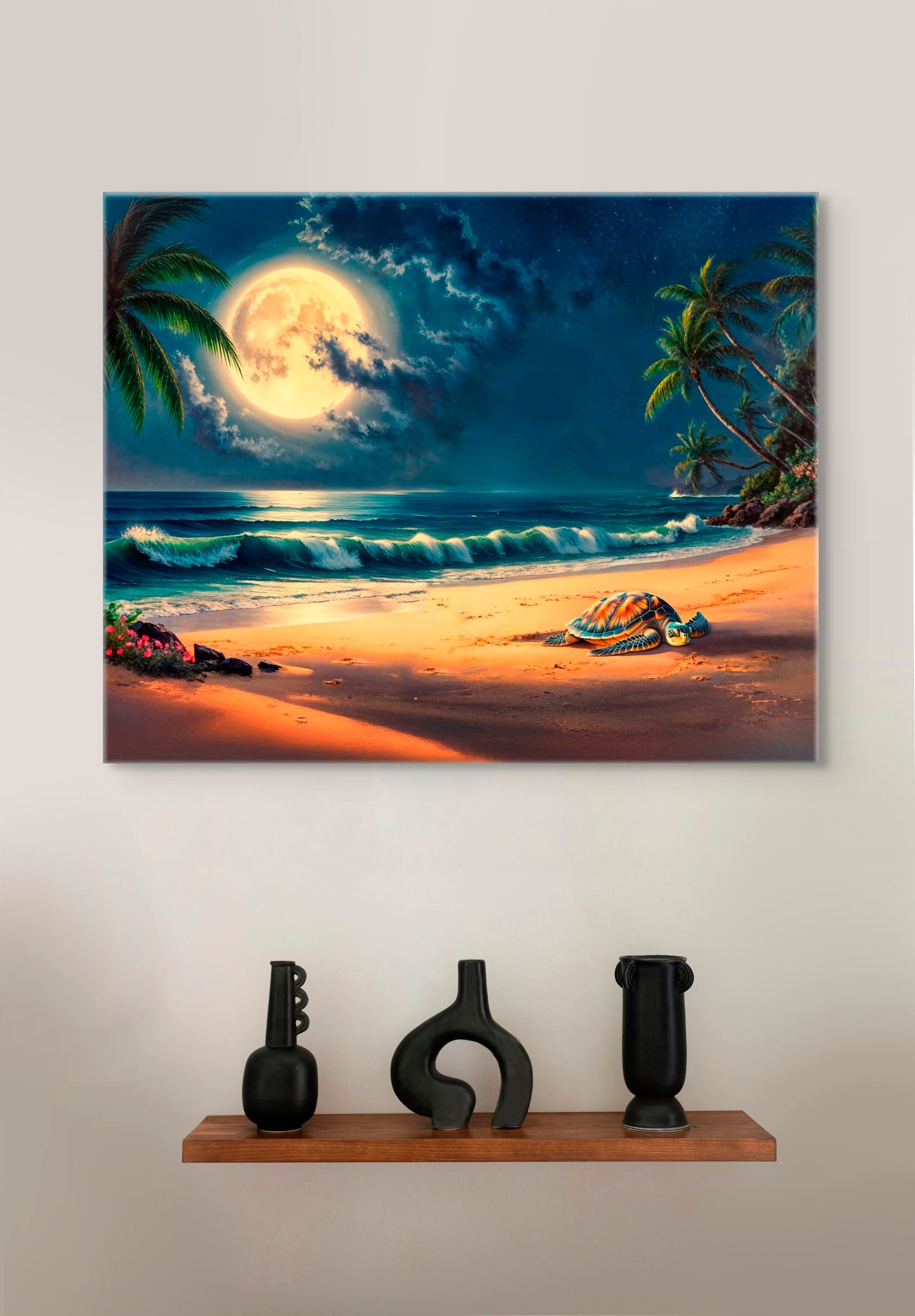 Mooning - Sea Turtle on Moonlit Beach - Tropical Coastal Wall Art image 2