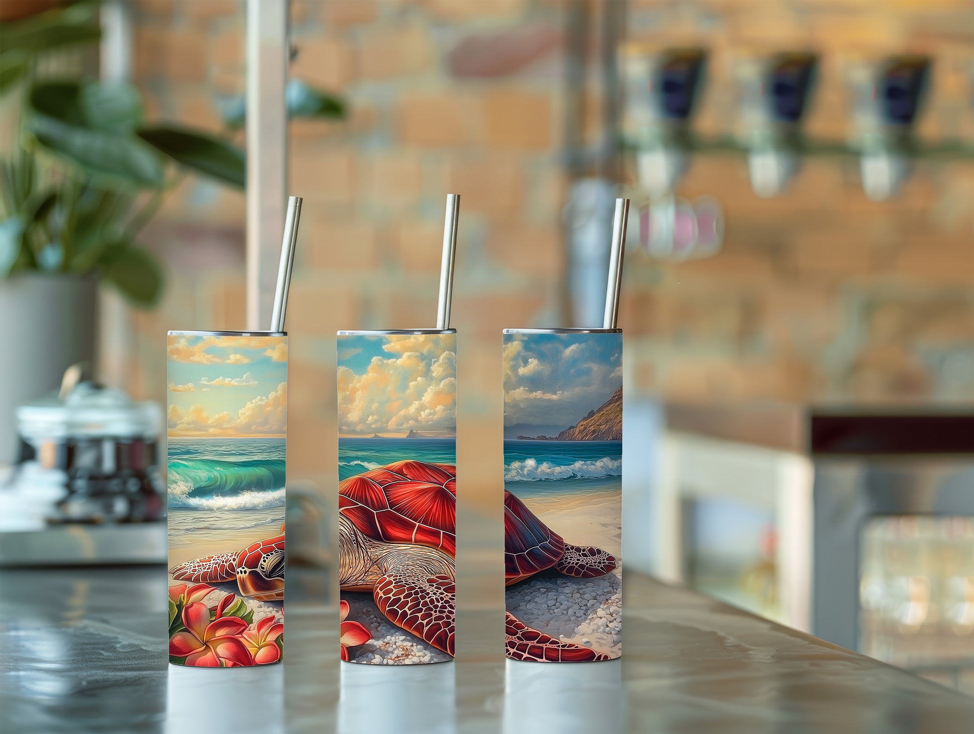 Sea Turtle 20 oz Skinny Tumbler - Vibrant beach-inspired tumbler featuring a sea image 1