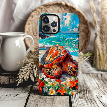 Sleeping Turtle Beach Phone Case – Coastal Floral Sea Turtle Cover for iPhone & Samsung | Rubber & Leather