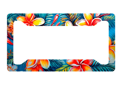 Orange & Red Plumeria License Plate Frame – Tropical Hawaiian Floral Car Acc. image 0