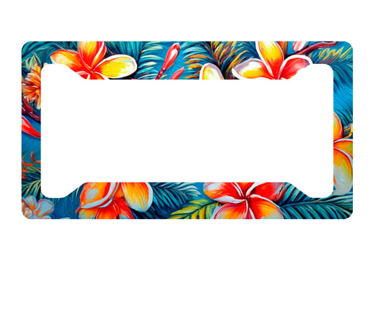 Orange & Red Plumeria License Plate Frame – Tropical Hawaiian Floral Car Acc. image 0