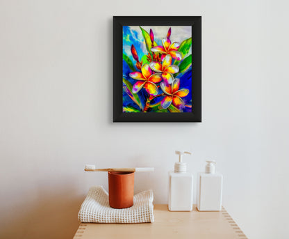 Framed canvas wall art of vibrant plumeria flowers with colorful tropical leaves image 2