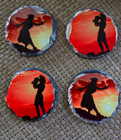 Hula Dancer Sunset Slate Coasters – Set of 4 Rock Drink Coasters with Hawaiian