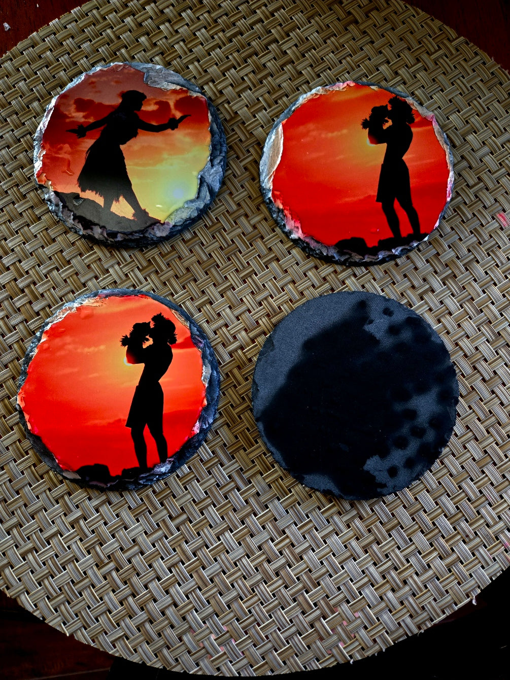 Hula Dancer Sunset Slate Coasters – Set of 4 Rock Drink Coasters with Hawaiian