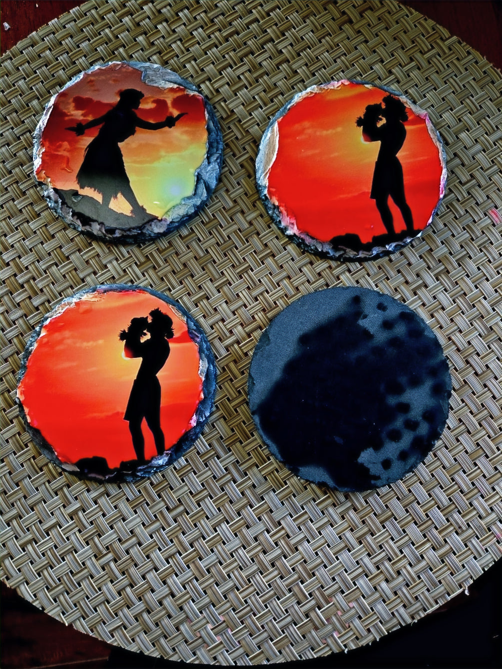 Hula Dancer Sunset Slate Coasters – Set of 4 Rock Drink Coasters with Hawaiian