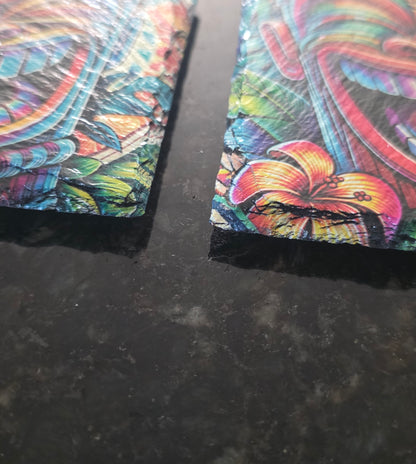 Vibrant Polynesian Tiki Coaster Collection – Slate Tiki Bar & Coastal Home Decor | Set of 4 — view 4 | Beach Hut Decor