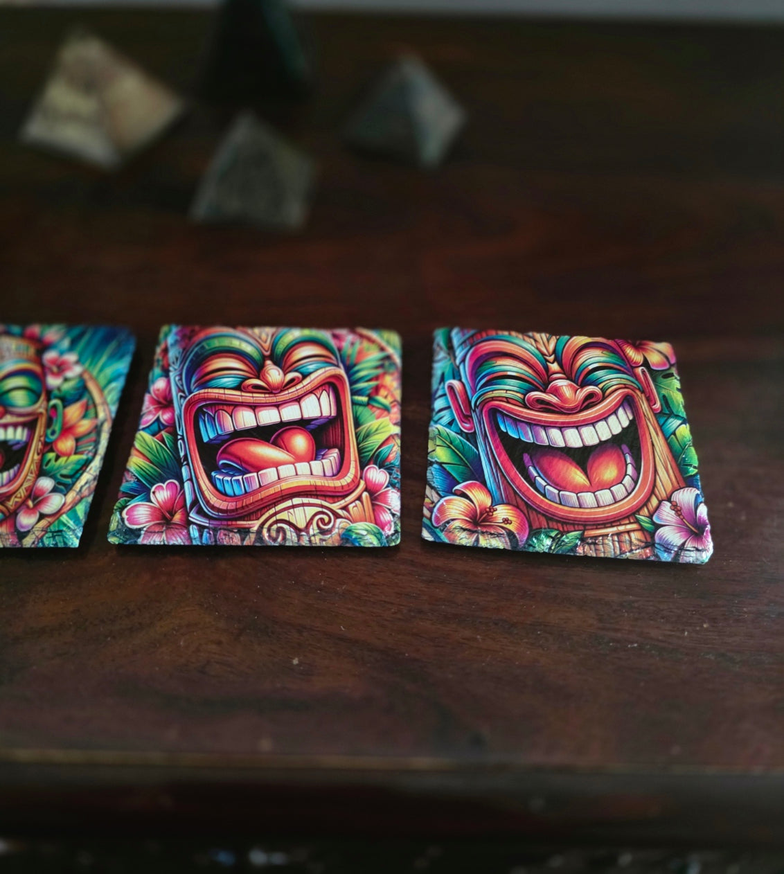 Vibrant Polynesian Tiki Coaster Collection – Slate Tiki Bar & Coastal Home Decor | Set of 4 — view 2 | Beach Hut Decor