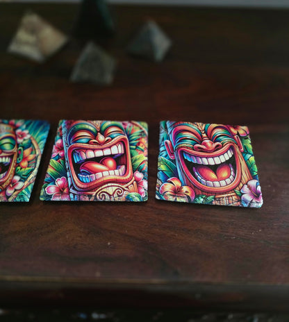 Vibrant Polynesian Tiki Coaster Collection – Slate Tiki Bar & Coastal Home Decor | Set of 4 — view 2 | Beach Hut Decor
