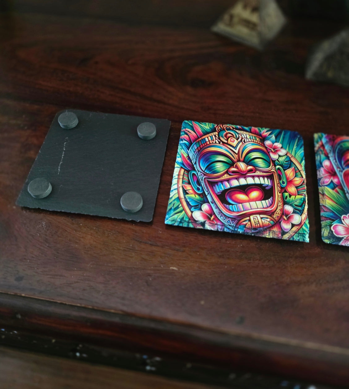 Vibrant Polynesian Tiki Coaster Collection – Slate Tiki Bar & Coastal Home Decor | Set of 4 — view 3 | Beach Hut Decor
