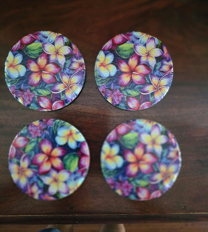 Plumeria Garden Slate Coasters – Stained-Glass Tropical Floral | Natural Stone | Set of 4 — main product photo | Beach Hut Decor