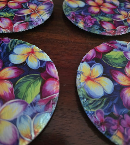 Plumeria Garden Slate Coasters – Stained-Glass Tropical Floral | Natural Stone | Set of 4 — view 2 | Beach Hut Decor