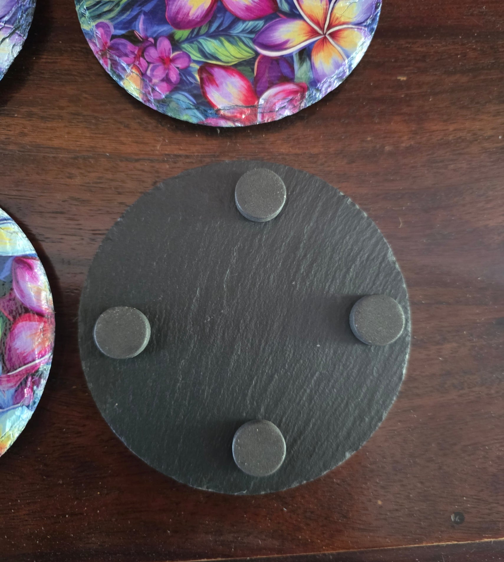 Plumeria Garden Slate Coasters – Stained-Glass Tropical Floral | Natural Stone | Set of 4 — view 3 | Beach Hut Decor