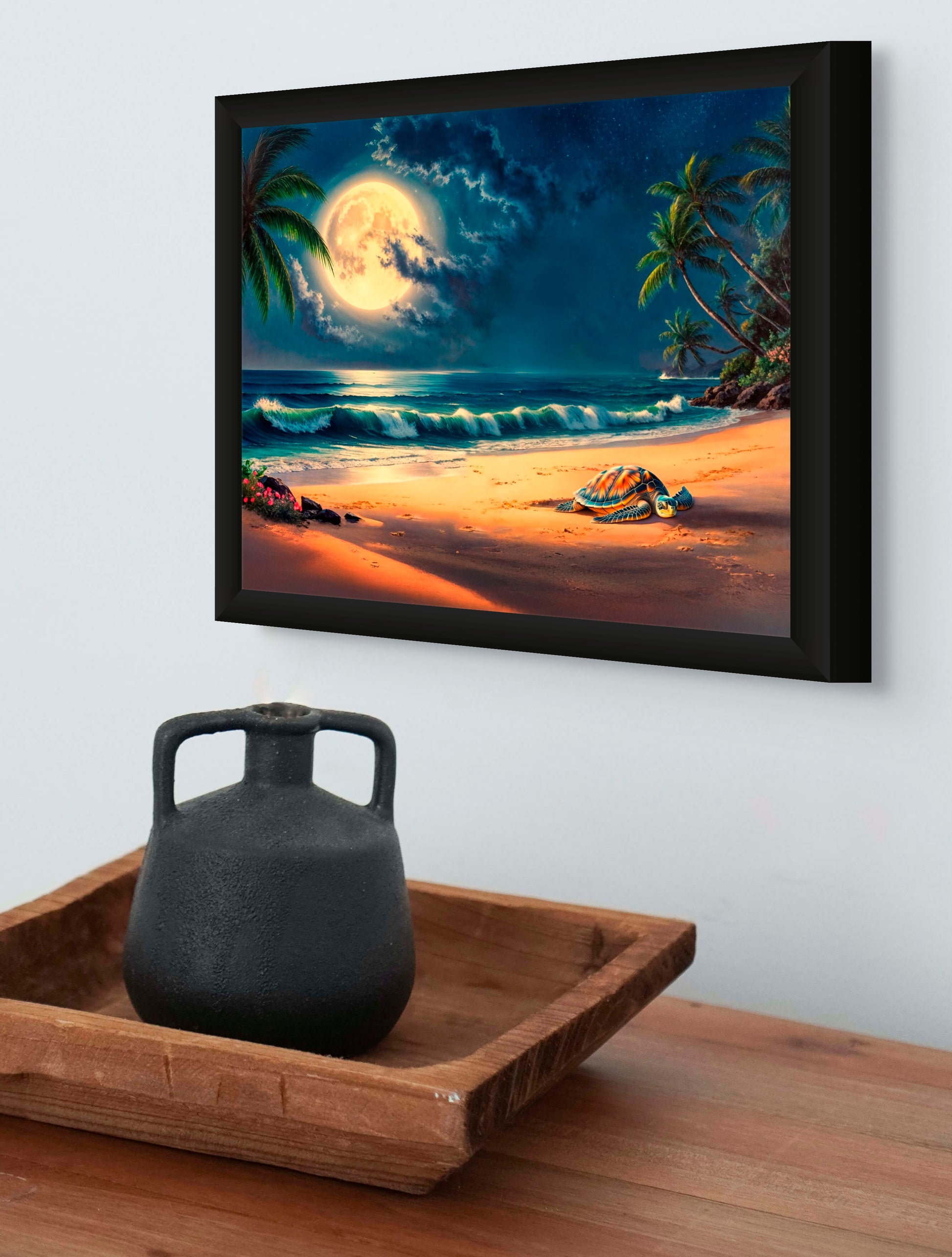 Mooning - Sea Turtle on Moonlit Beach - Tropical Coastal Wall Art image 3