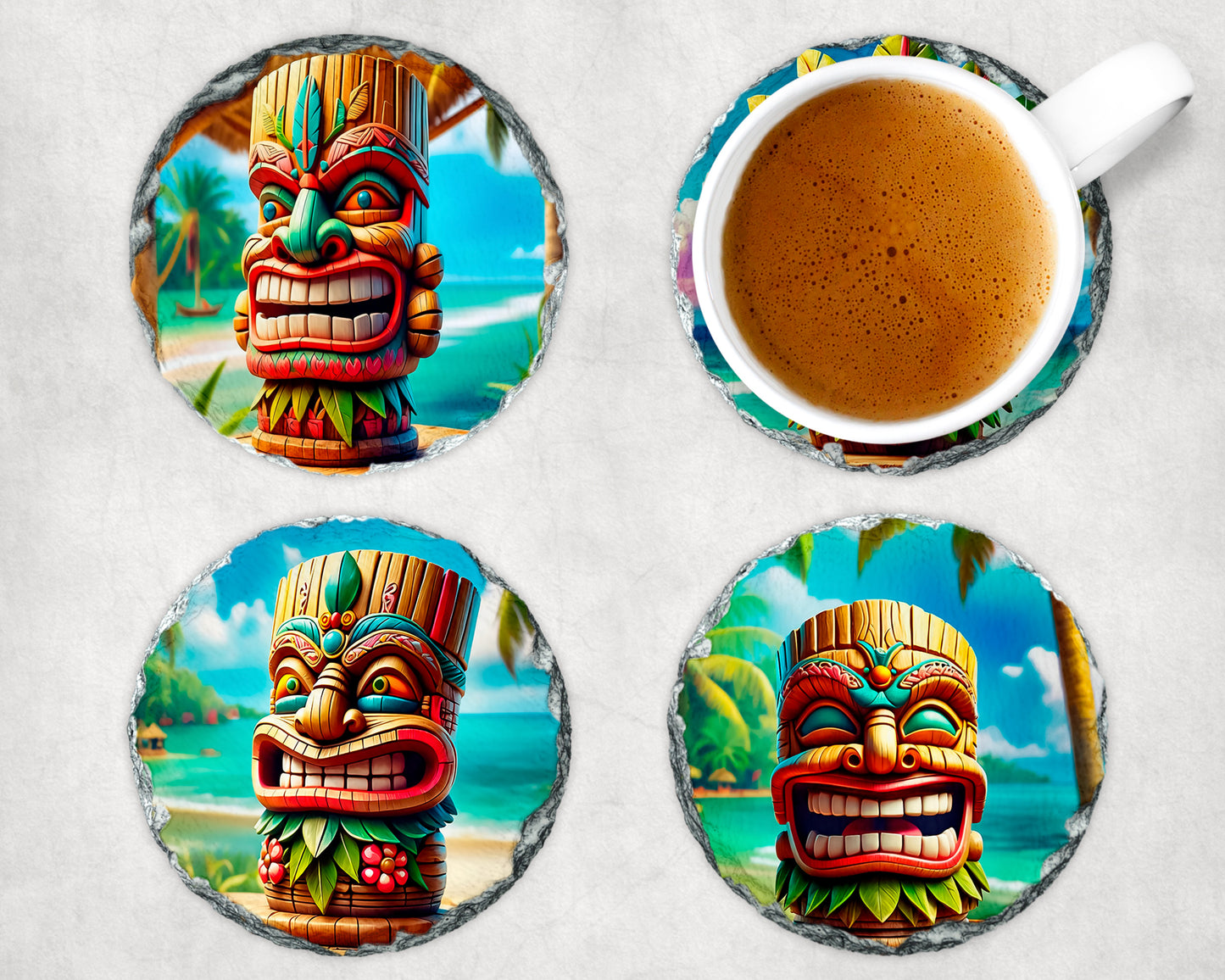Tiki Totem Face Coasters Set - Vibrant Tropical Drink Coasters for Beach Vibes image 1