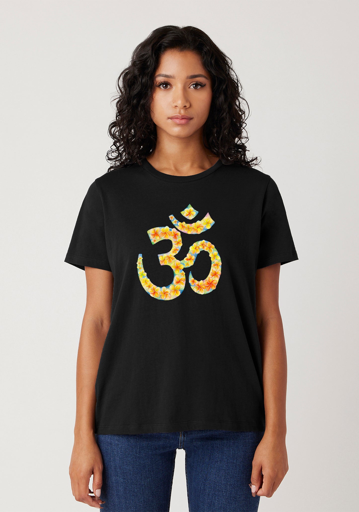 OM Symbol Floral T-Shirt - Vibrant Plumeria Design, Sizes XS-2XL image 1