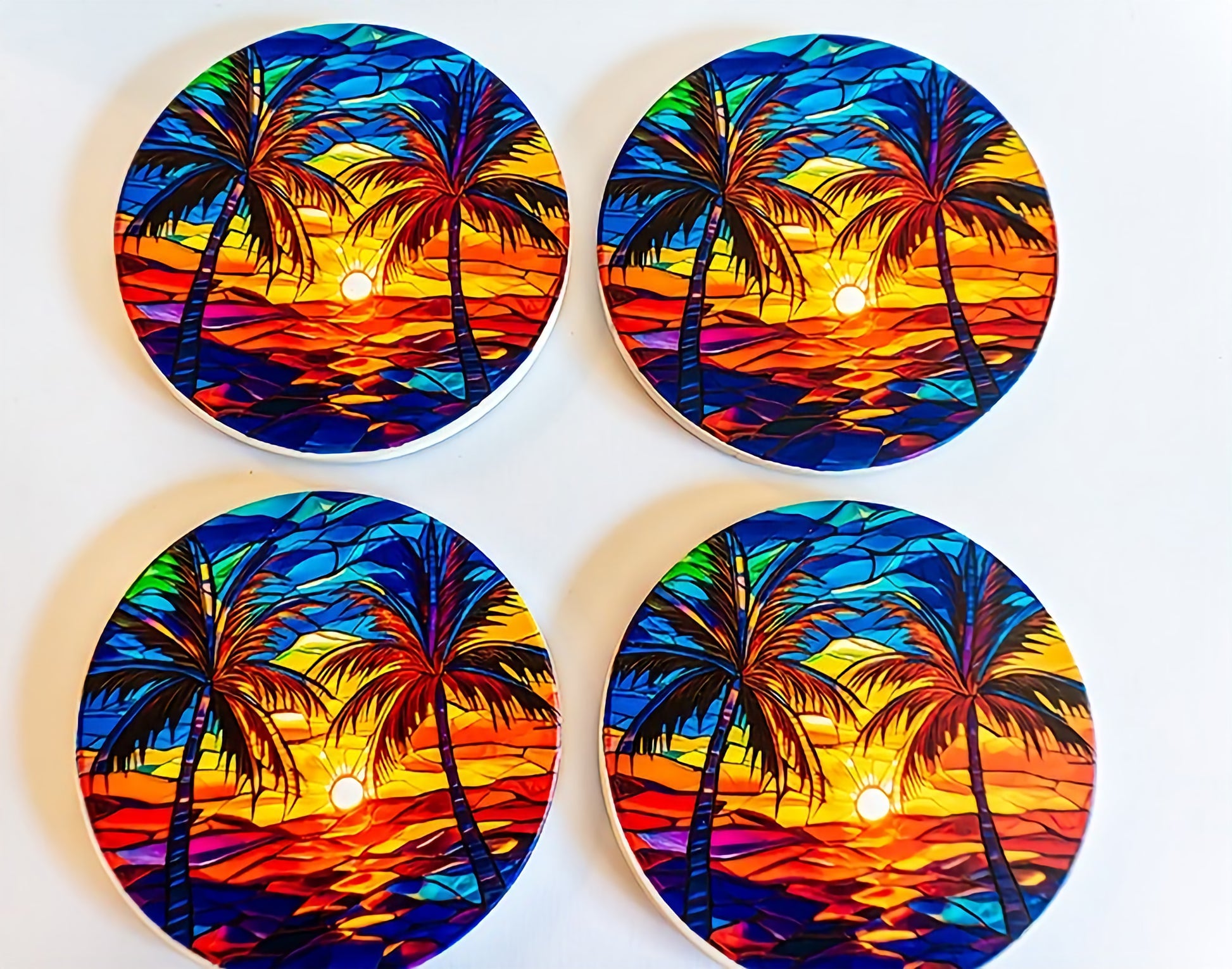 4-Inch Sandstone Coaster with Cork Backing Palm Tree Artwork image 0