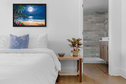 Silent Waves Moonlit Beach Wall Art – Tropical Ocean Night Scene — detail close-up | Beach Hut Decor
