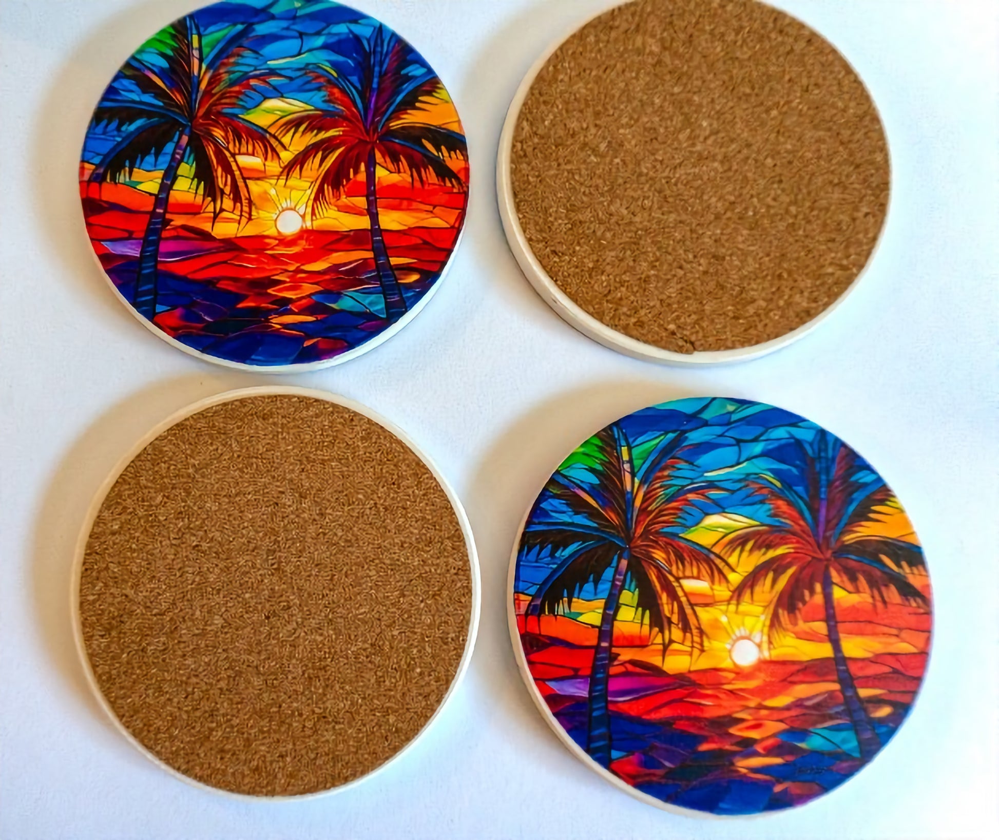 4-Inch Sandstone Coaster with Cork Backing Palm Tree Artwork image 1