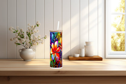 Red Plumeria-Designed in a  20 oz Frosted Glass Skinny Tumbler Bottle with Bambo image 1