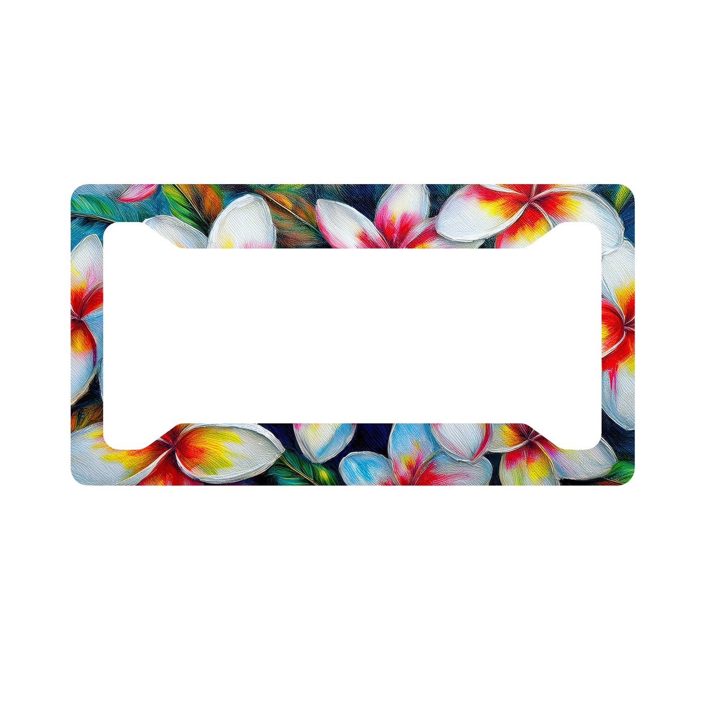 White Plumeria License Plate Frame with Yellow & Red Centers – Tropical Hawaiian image 0