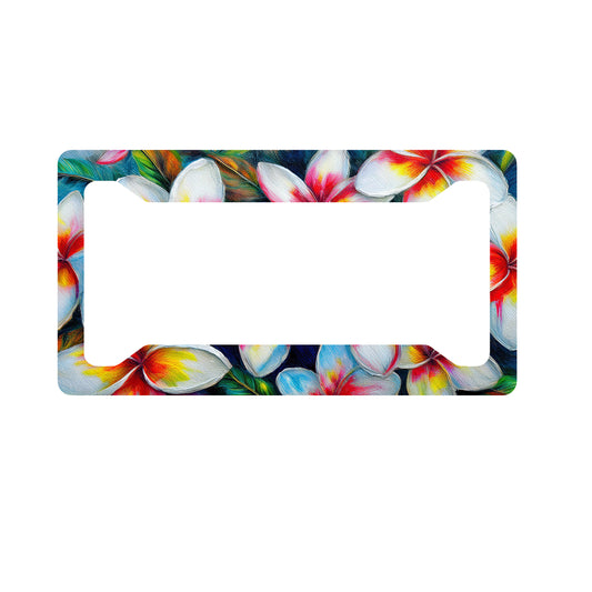 White Plumeria License Plate Frame with Yellow & Red Centers – Tropical Hawaiian image 0
