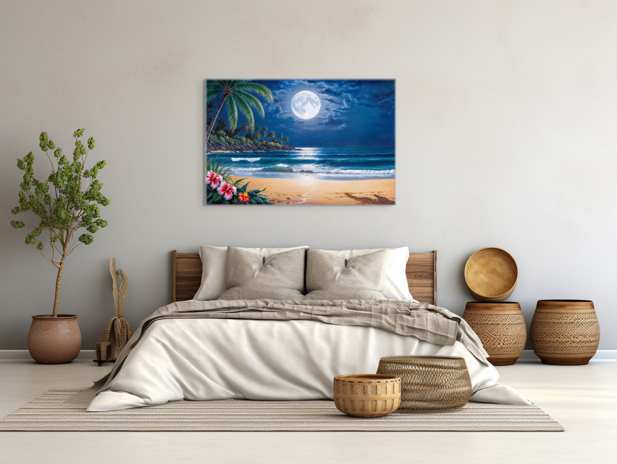 Silent Waves Moonlit Beach Wall Art – Tropical Ocean Night Scene — primary product photo | Beach Hut Decor