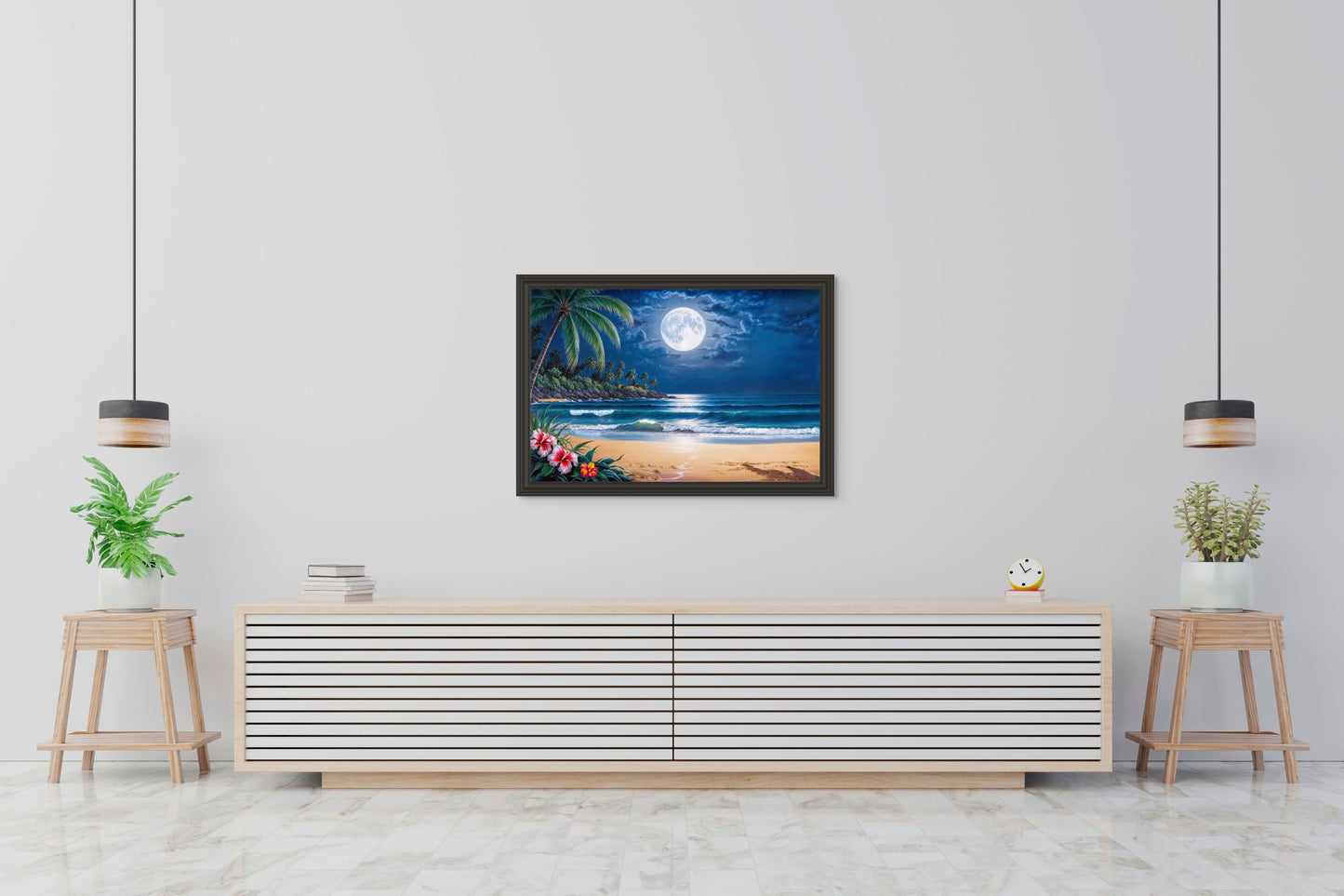 Silent Waves Moonlit Beach Wall Art – Tropical Ocean Night Scene — lifestyle styled view | Beach Hut Decor