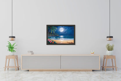Silent Waves Moonlit Beach Wall Art – Tropical Ocean Night Scene — lifestyle styled view | Beach Hut Decor