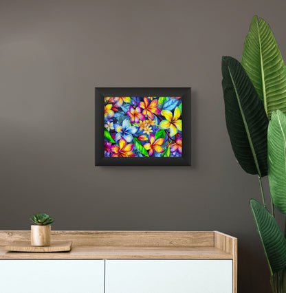 Plumeria Paradise Wall Art – Vibrant Tropical Floral Coastal Decor — lifestyle styled view | Beach Hut Decor