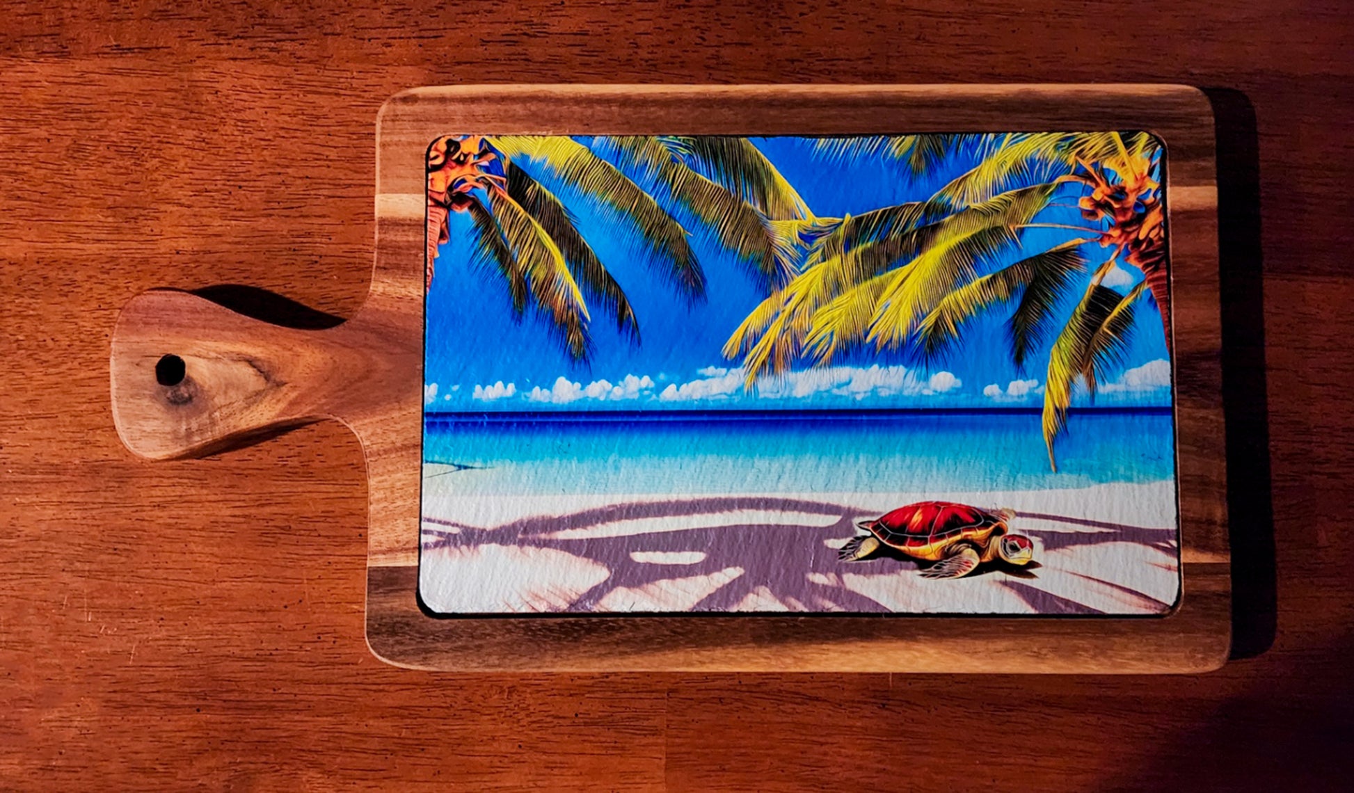Resting on the Beach Sea Turtle Slate Cutting Board made with Acacia Wood image 0