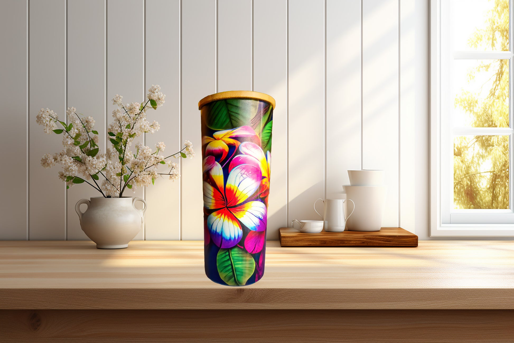 Frosted Glass Tumbler 20 oz. Hawaiian Designed Plumeria image 0