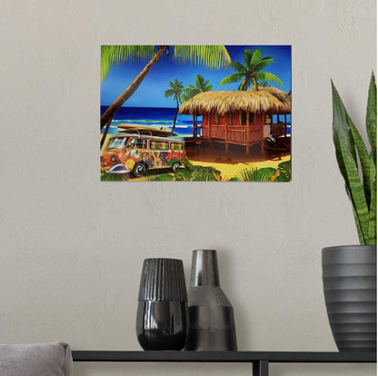 Peace & Love Shack Metal Wall Art – Retro VW Bus Beach Scene — detail close-up | Beach Hut Decor
