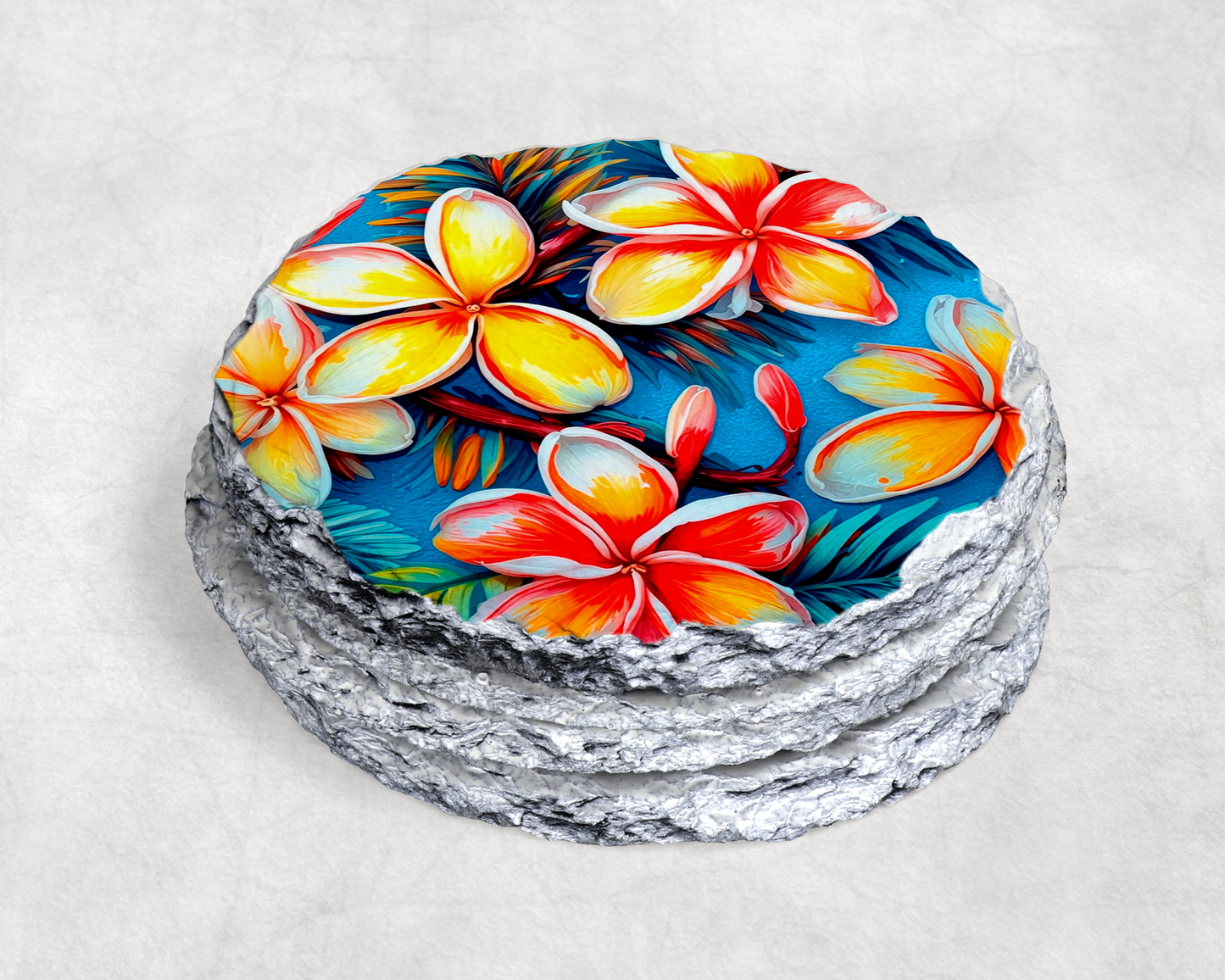 Round Rock Slate Plumeria Coasters – 4” Set of 4 Tropical Stone Drink Coasters image 1