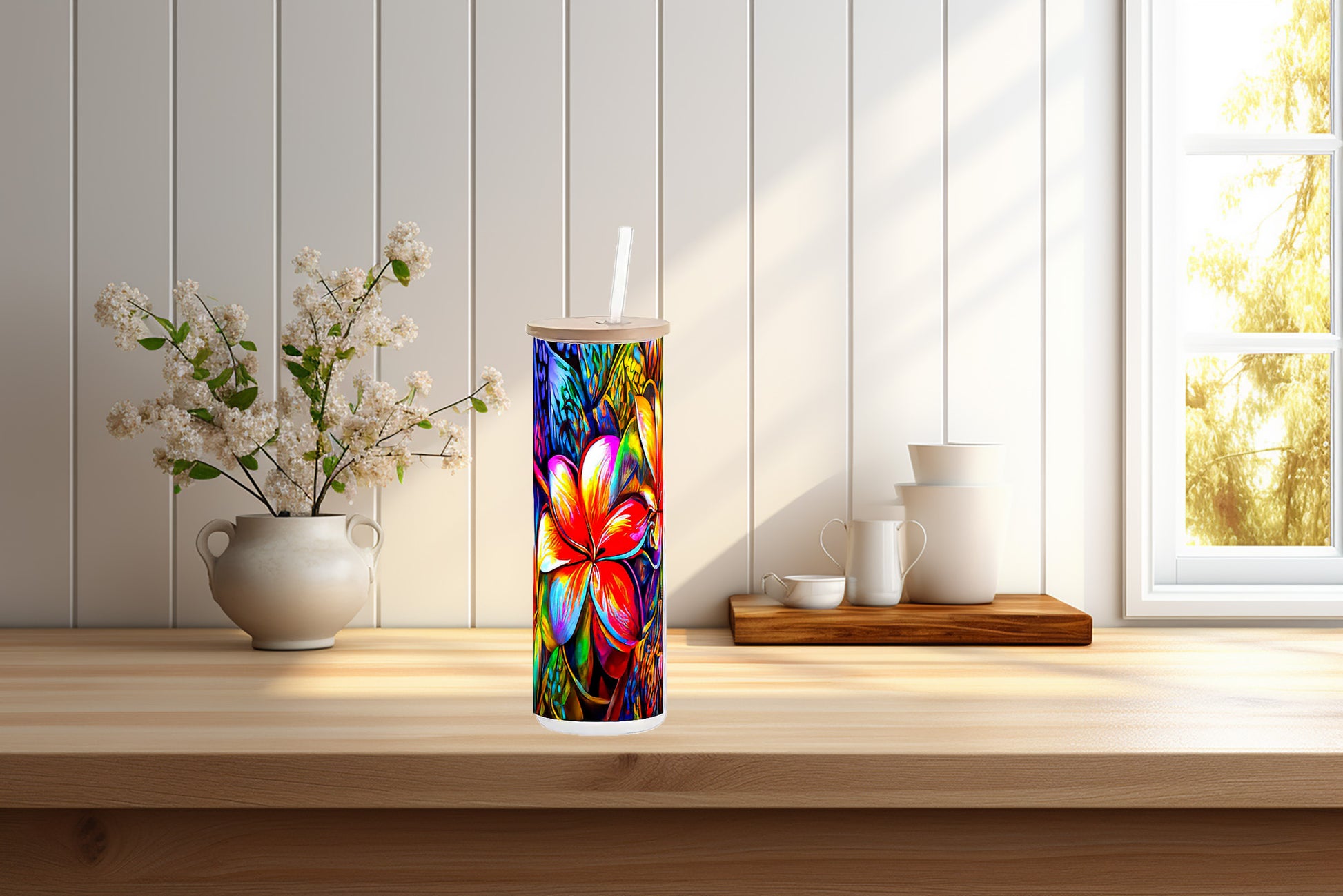 Red Plumeria-Designed in a  20 oz Frosted Glass Skinny Tumbler Bottle with Bambo image 1