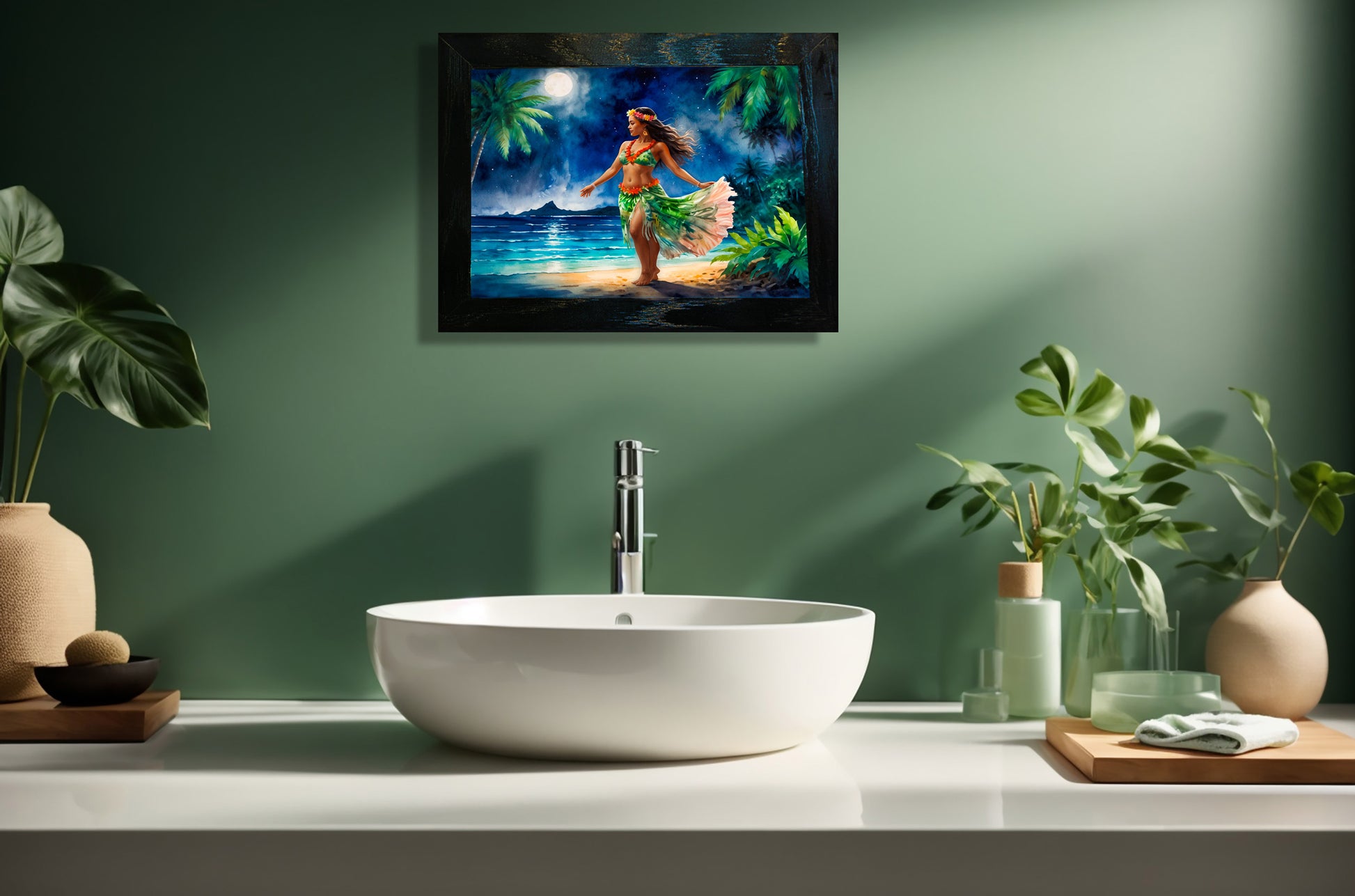 Hula in the Night Breeze - Framed Ceramic Tile Artwork - Canvas Prints image 1