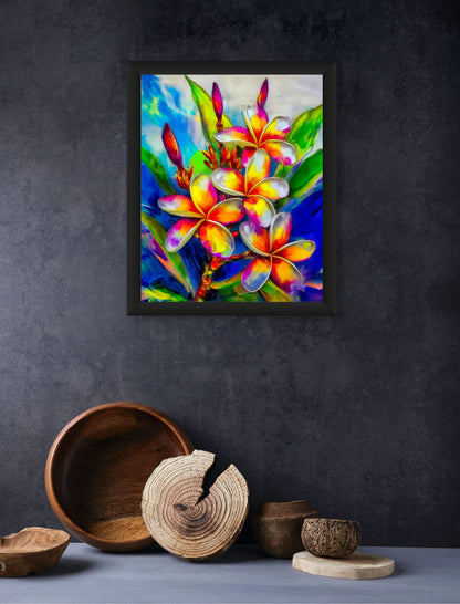 Framed canvas wall art of vibrant plumeria flowers with colorful tropical leaves image 0