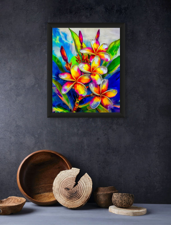 Framed canvas wall art of vibrant plumeria flowers with colorful tropical leaves