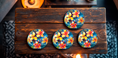 Round Rock Slate Plumeria Coasters – 4” Set of 4 Tropical Stone Drink Coasters image 2